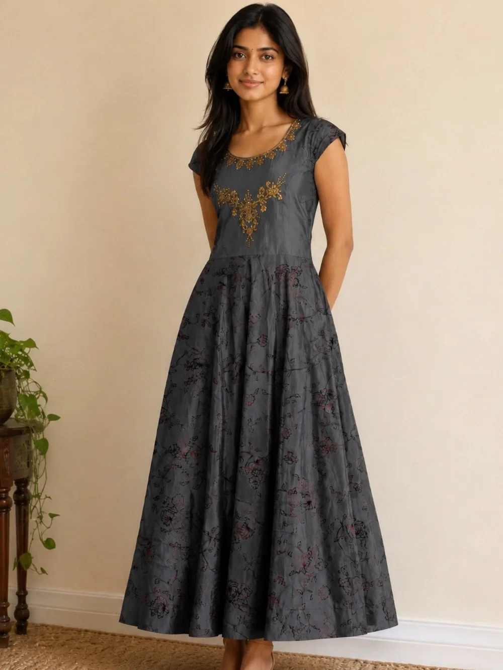 charcoal grey dresses for women | Womens Gray Embroidered Maxi Dress LowStock:43618170208307